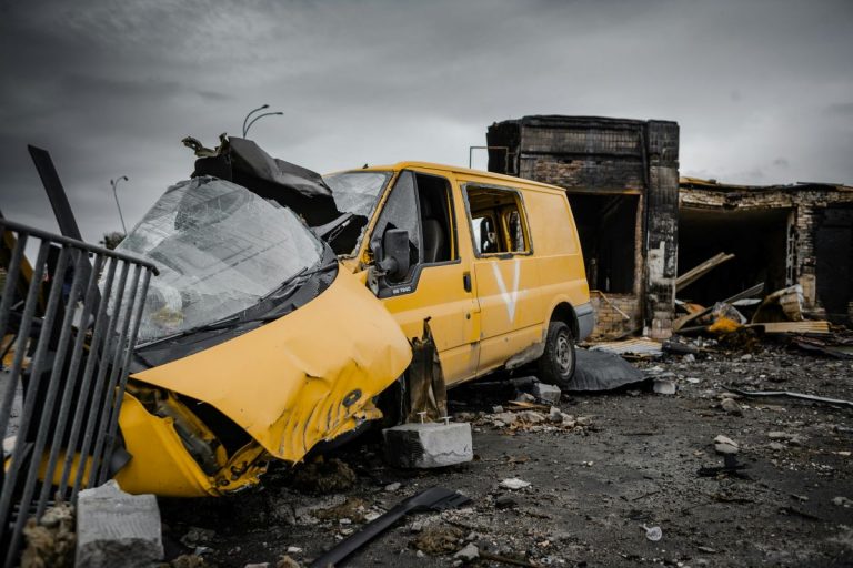 Vehicle Destroyed in Conflict and Humanitarian Crisis in Ukraine